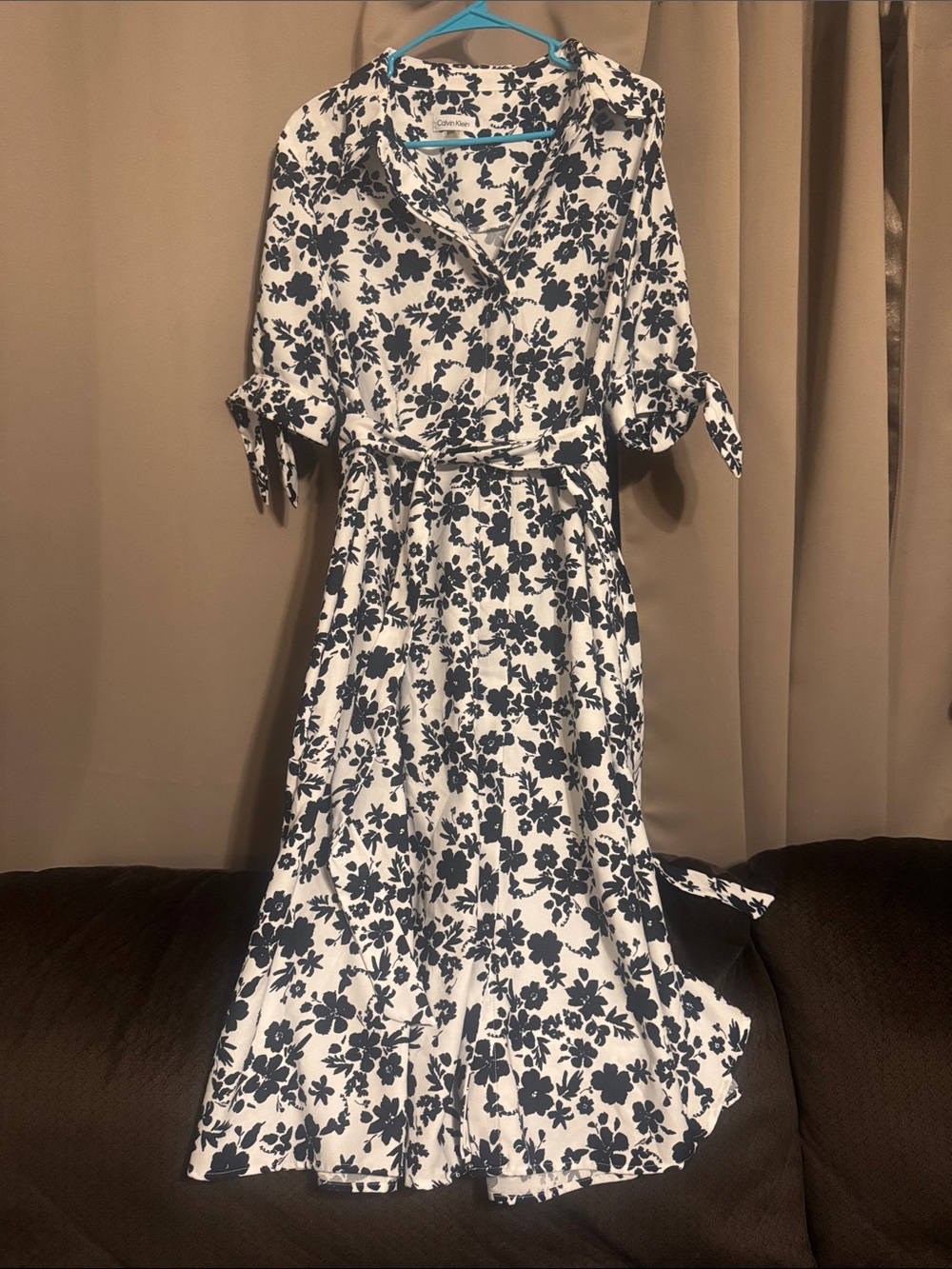 Calvin Klein White Maxi Dress with Black Floral Pattern and Tie Waist
